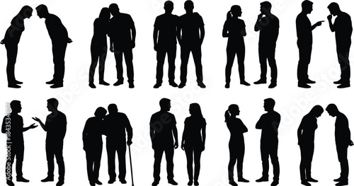 Human interaction, relationship silhouettes, black vector, social behavior, body language, communication icon, people gesture, posture design, illustration, gridHuman interaction