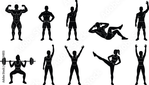 Fitness poses, exercise silhouettes, black vector, workout icon, body movement, strength training, flexibility posture, gym design, illustration, gridFitness poses, exercise silhouettes, black vector