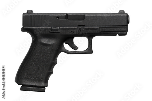 Black semi-automatic pistol with magazine, close-up studio shot on transparent background, tactical sidearm for defense or law enforcement