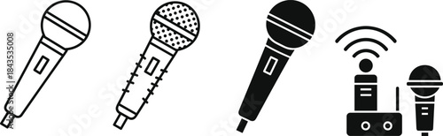 Microphone icon set featuring wireless audio devices, vocal recording tools, music performance equipment, sound technology elements, broadcasting and communication graphics