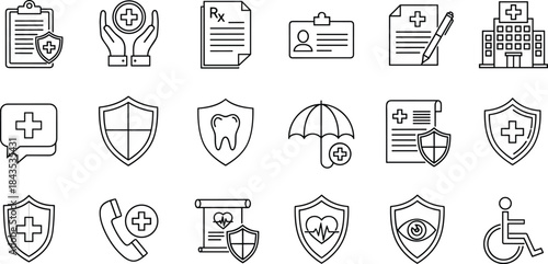 Modern medical insurance outline icon set for healthcare services, hospital support, health protection symbols, clinical documents, wellness safety elements, vector illustration