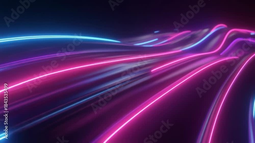 Neon pink and blue lines on a dynamic surface, great for backgrounds, futuristic designs, technology concepts, and energetic visuals.