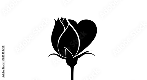 Elegant Minimalist Black Rose Bud Silhouette Combined With Heart Shape For Romantic Upcoming Festival Design