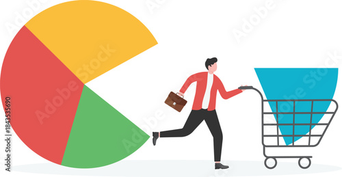 Business or financial marketing share, marketing strategy and profit distribution, share and equity, isometric businessman trolley pushing and sharing part of pie chart

