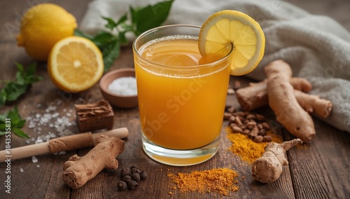 Vibrant turmeric shot with fresh lemons and ginger, emphasizing natural health benefits, immunity support, and a clean wellness lifestyle.
