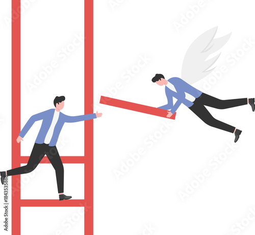 Help or guidance in growth or development, career or business help, ladder of success, giants give businessmen the steps to climb upward
