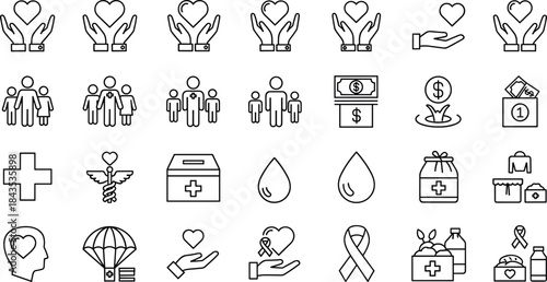 Charity and donation vector icon set featuring healthcare support, fundraising symbols, humanitarian aid, family care, awareness ribbons, giving hands, and community help