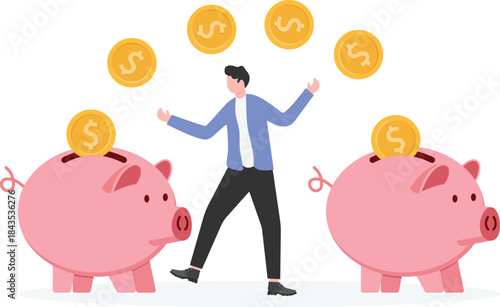 Business training or investment skills, acrobatic traders transferring gold coins from one money bag to another

