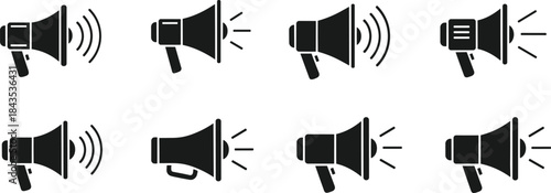 Megaphone announcement vector icon set featuring loudspeaker symbols, sound waves, promotion alerts, communication tools, advertising notifications, and broadcast elements