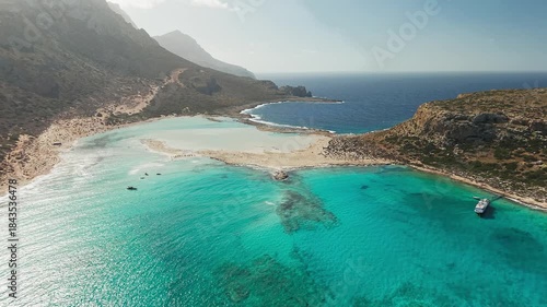 Amazing drone view of Balos Lagoon and white sandy beach, Crete, Greece