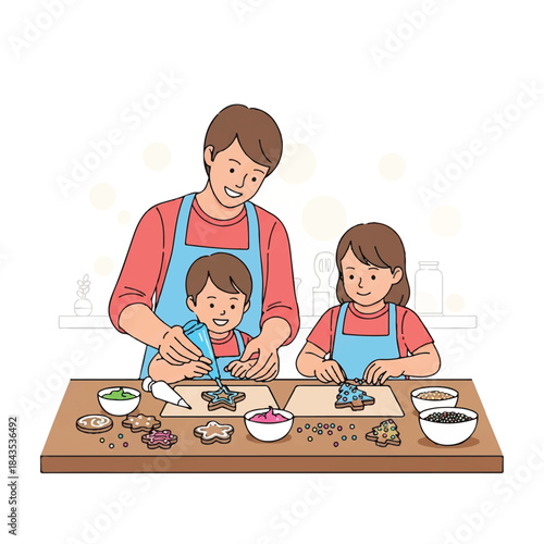 A woman and two children baking cookies together at a wooden table with various ingredients and decorations.