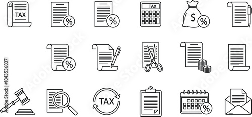 Professional tax document and finance calculation vector icon set illustrating money, percentage rates, legal forms, deadlines, audit symbols, and financial management tools