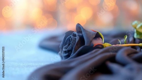 Dark rose on draped fabric with warm bokeh background and textured surface