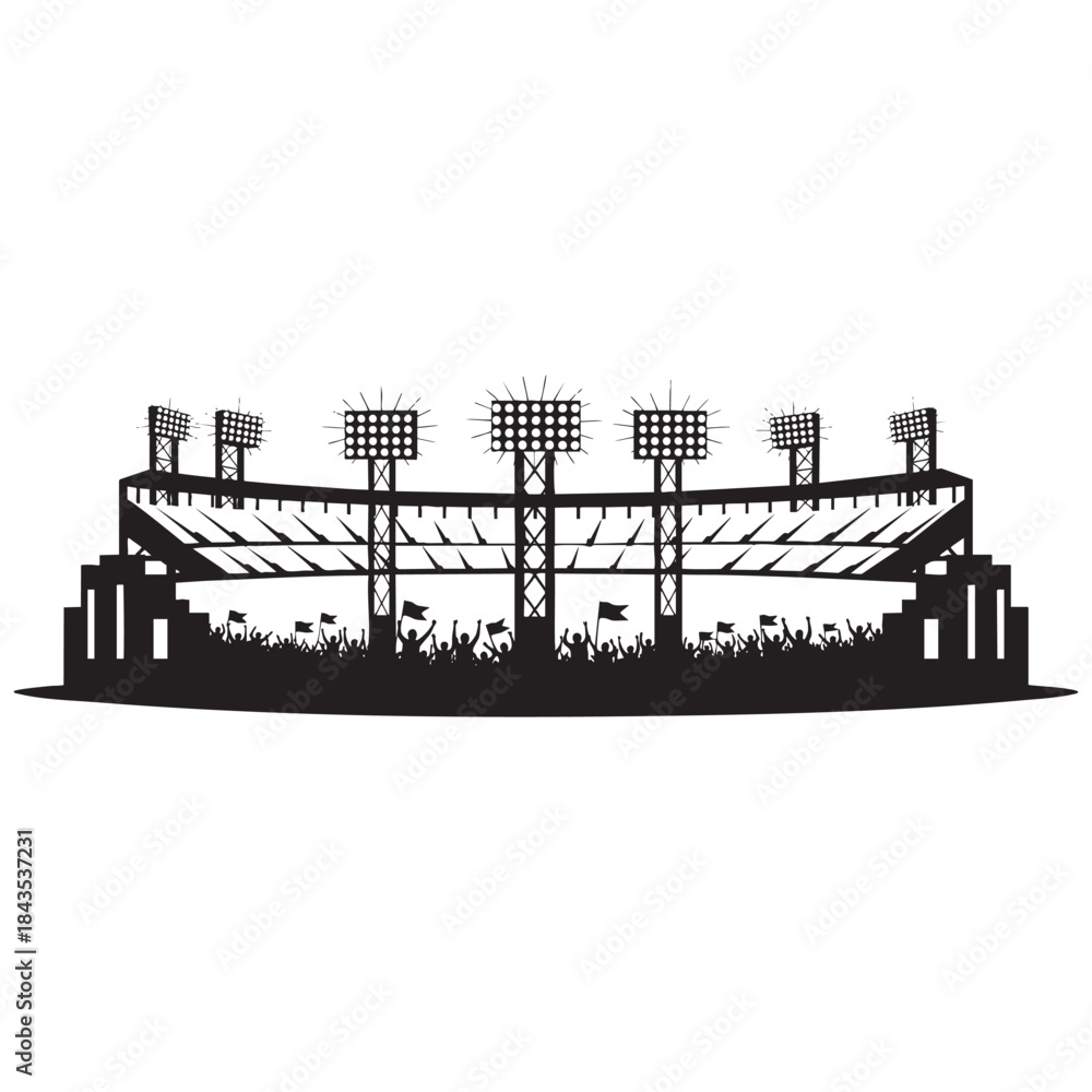 Fototapeta premium Stadium Silhouette with Floodlights and Cheering Crowd for Sports and Event Illustration