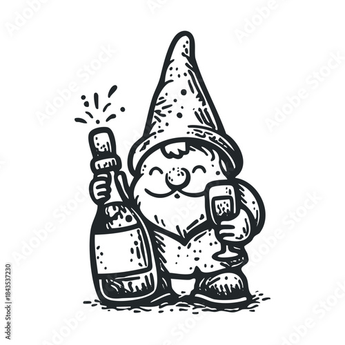 Happy garden gnome celebrating a joyful occasion with a popping champagne bottle and glass suitable for holiday greetings and festive party invitations