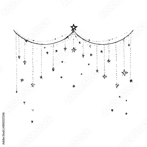 Hand drawn starry garland with hanging dots creates a whimsical celestial decoration perfect for festive events invitations or magical themed greetings