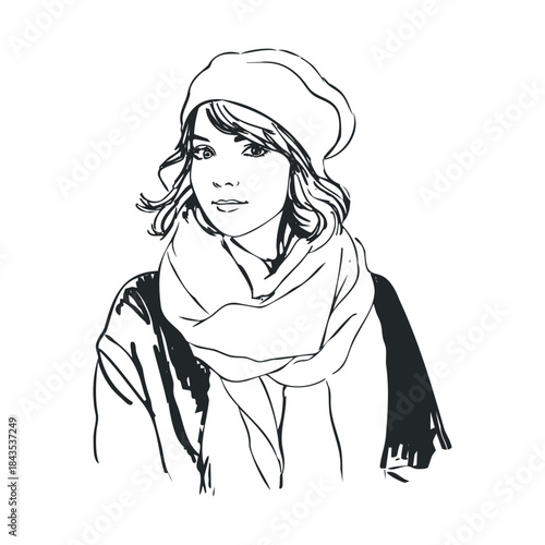 Handdrawn sketch of a young woman wearing a casual beanie hat and a cozy scarf, portraying a relaxed and youthful style suitable for fashion blogs, lifestyle content, and apparel