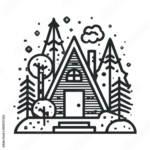 Monochrome graphic depiction of an Aframe house in a natural winter landscape with evergreen trees and falling snow suitable for travel brochures and cozy home themed media and