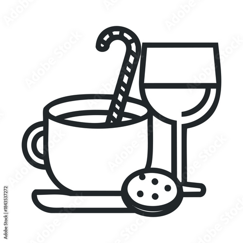 Minimalist line icon portraying a festive holiday mug with a candy cane, an elegant wine glass, and a delicious chocolate chip cookie, suitable for seasonal menus and celebration themes.