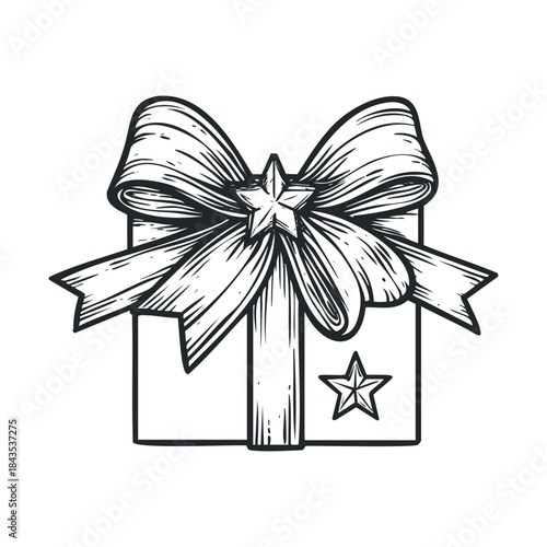 A beautifully detailed gift box drawing with a star adorned bow and additional star embellishment makes a perfect graphic for holiday marketing materials, celebration invitations, or