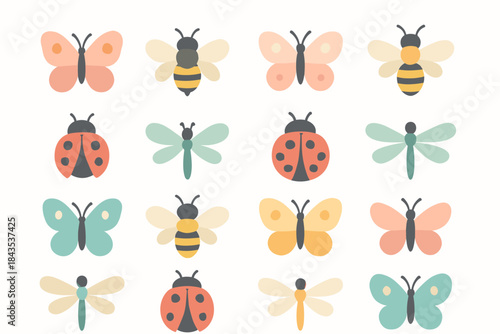 A set of 16 flat vector insect icons in soft pastel colors (pink, yellow, blue, orange, and red tones). The style is very childlike, ideal for spring, summer, nature, or garden themes.