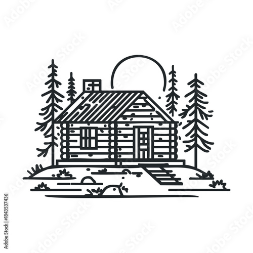 A minimalist black and white line illustration of a charming log cabin nestled among tall pine trees with a prominent sun, ideal for serene outdoor graphics, adventure lifestyle branding,