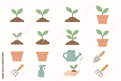 A set of 16 flat vector icons on the theme of growing plants, gardening, and caring for seedlings in a delicate pastel color scheme.