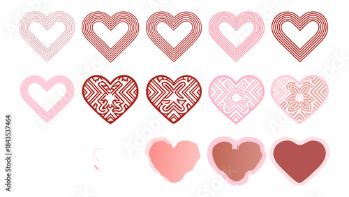 A collection of stylized hearts in varying shades of pink and red