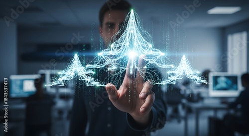 Man interacting with a futuristic digital interface displaying interconnected data points and abstract geometric shapes