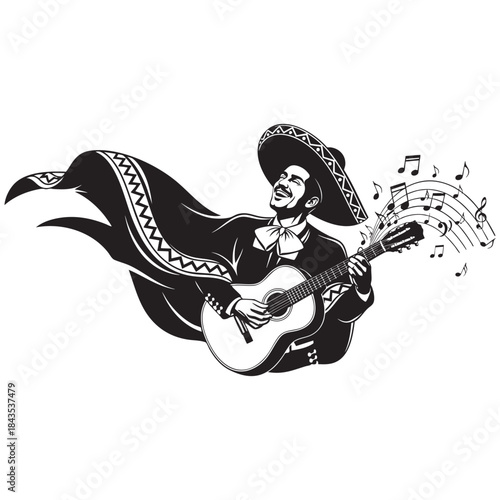 Mariachi Musician Playing Guitar with Sombrero and Musical Notes for Mexican Fiesta Art