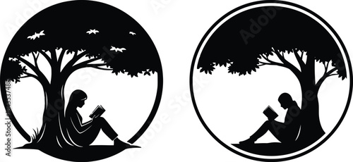 A serene silhouette of a person enjoying a book under a peaceful tree in nature