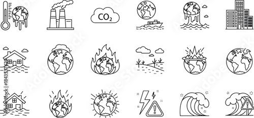 Climate change disaster icon set illustrating global warming, rising seas, drought, wildfires, CO₂ emissions, extreme weather events, environmental crisis, and planetary impact symbols