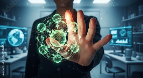 Innovator manipulating advanced holographic biological data in a cutting-edge research facility, symbolizing groundbreaking scientific discovery and technological progress