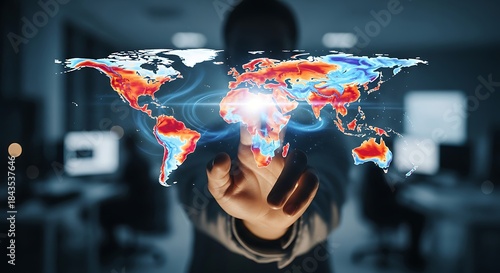 A person's hands project an illuminated, vibrant digital world map, showcasing global data visualization and advanced technological connectivity for future business and worldwide communication