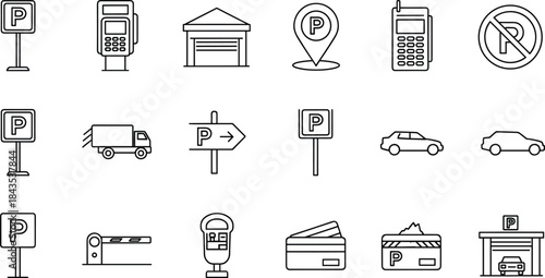 Parking and transportation icon set featuring signs, meters, payment machines, cars, garages, direction markers, access barriers, location pins, and vehicle management symbols