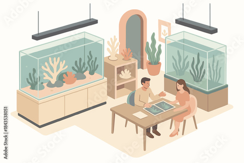 Aquatic shop scene with young caucasian male and female discussing aquarium design