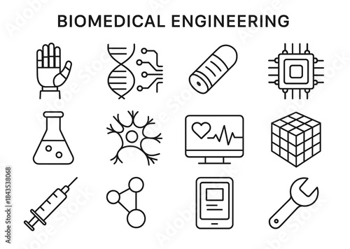 Biomedical engineering icons: robotics, dna, circuit, beaker, neuron, heartbeat, cube, syringe, molecule, tablet, wrench