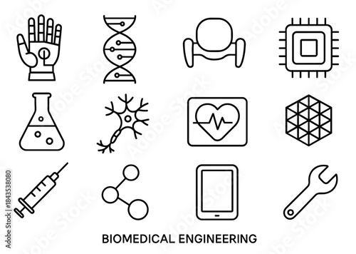 Biomedical engineering icons: dna, robotics, and neuroscience symbols