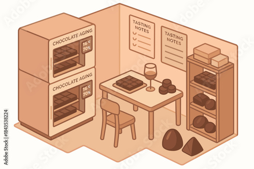 Chocolate tasting room with aging cabinets and notes