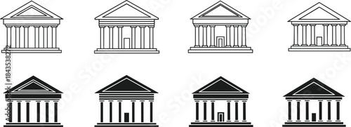 Classical building icon set featuring bank, museum, courthouse, and government architecture designs with pillars, pediments, and professional outline and solid vector styles