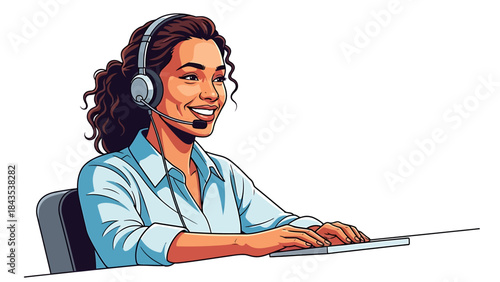 Friendly customer service woman in headset typing on keyboard, black background