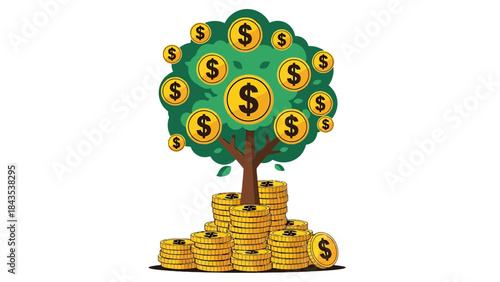 Vibrant money tree with golden dollar coins and cash stacks isolated