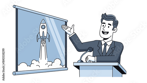 Smiling speaker pointing to rocket launch on presentation screen at podium,