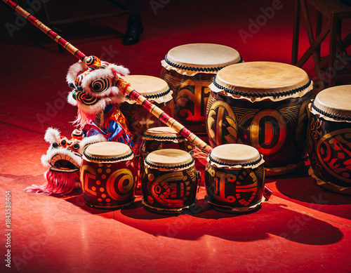 Colorful lion dance drums for a traditional Chinese celebration