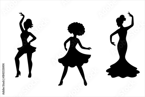 Silhouettes of three women in salsa, retro groove, and ballroom dance poses with varied dress styles, vector