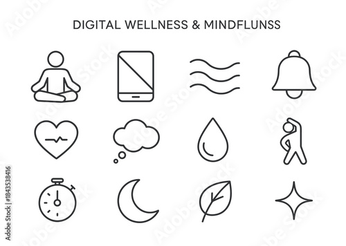 Digital wellness icons: meditation, mindfulness, and technology balance symbols