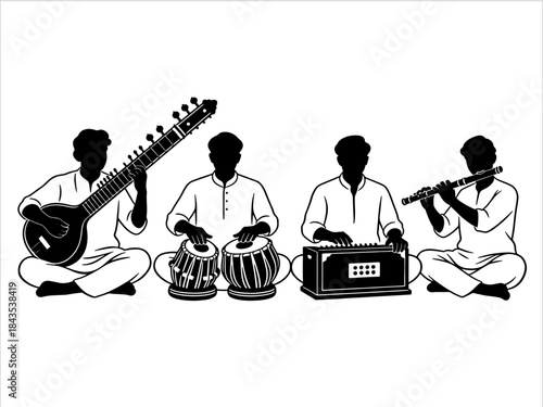 four musicians playing sitar, tabla, harmonium, and flute in a classical Indian ensemble, vector