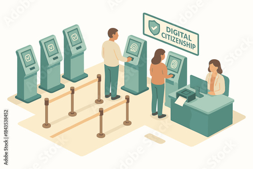 Digital citizenship registration: people using self-service kiosks and assistance desk