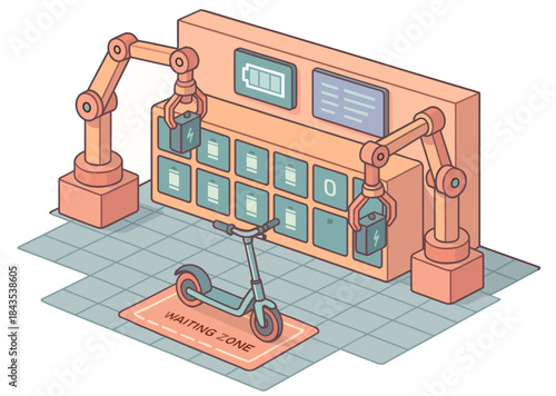 Automated charging station with robotic arms and electric scooter