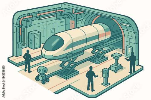 Futuristic hyperloop pod in underground station with silhouetted technicians